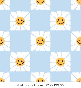 Seamless pattern with daisy flower cartoons  on blue background vector illustration. 