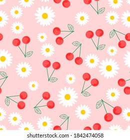 Seamless pattern with daisy flower and cherry fruit on pink background vector illustration.