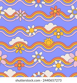 Seamless pattern with daisy flower, clouds and wavy rainbow on blue sky background vector illustration. Groovy hippie summer background.