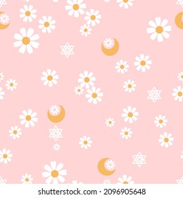 Seamless pattern with daisy flower and crescent moons on pink background vector illustration. 