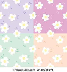 Seamless Pattern Daisy flower. Cute plant collection. Growing concept.Four color background.Vector illustration.