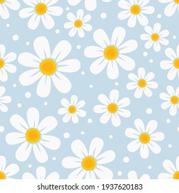 Seamless pattern with daisy flower and dots on pastel blue background vector illustration. pretty floral print.