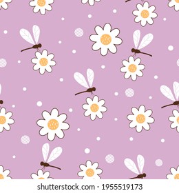 Seamless pattern with daisy flower, dots and dragonflies on purple background vector illustration. Cute floral print.
