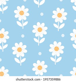 Seamless pattern with daisy flower and dots on blue background vector illustration. Cute floral print.