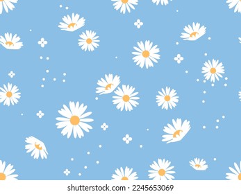 Seamless pattern with daisy flower  and dots on blue background vector illustration. Cute floral print.