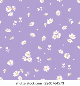 Seamless pattern with daisy flower , dots and heart shape plants on purple background vector illustration. Cute floral print.