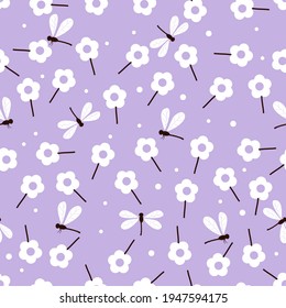 Seamless pattern with daisy flower and dragonflies on purple background vector illustration. Cute floral print, flat design.