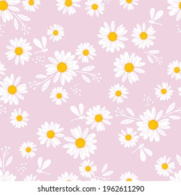 Seamless pattern with daisy flower and dragonflies on pink background vector illustration. Cute floral print.