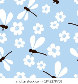 Seamless pattern with daisy flower and dragonfly cartoons on blue background vector illustration. Cute childish print.