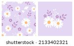 Seamless pattern with daisy flower field on purple background vector illustration.