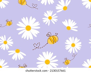 Seamless pattern with daisy flower  field and bee cartoons on purple background vector illustration. Cute floral print.