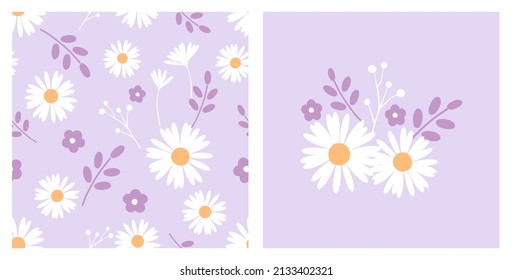 Seamless pattern with daisy flower field on purple background vector illustration.