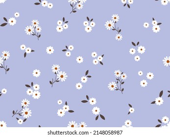 Seamless pattern with daisy flower field on purple background vector illustration. Cute floral print.