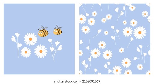 Nahtloses Muster mit dunklem Blumenfeld und Bienenkarikaturen auf blauem Hintergrund, Vektorgrafik. Frische Blumenmuster.