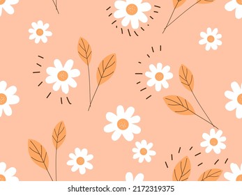 Seamless pattern with daisy flower  field and branches on orange background vector illustration. Retro color style.
