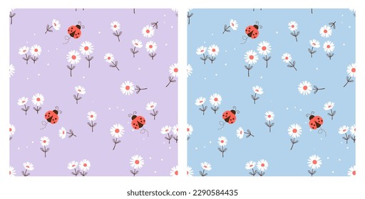 Seamless pattern with daisy flower field and ladybird cartoons on purple and blue backgrounds vector illustration. Cute floral print.