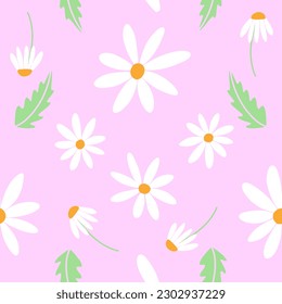 Seamless pattern with daisy flower field on purple background vector illustration. Pattern of daisies and leaves. Summer Bouquet of daisies
