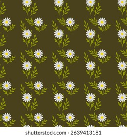 Seamless pattern with daisy flower field on brown background vector illustration. Cute floral print.