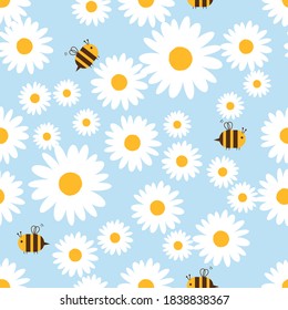 Seamless pattern with daisy flower and flying bee cartoon on blue background vector illustration. 