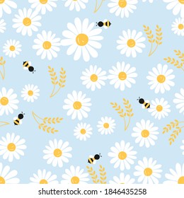 Seamless pattern with daisy flower and flying bee cartoon on blue background vector illustration.