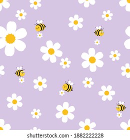 Seamless pattern with daisy flower and flying bee cartoon on purple background vector illustration.