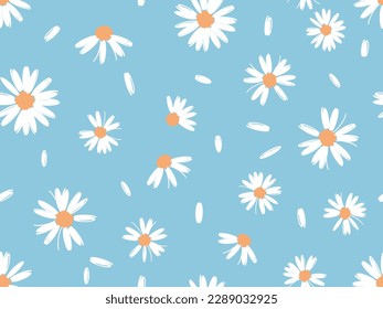 Seamless pattern with daisy flower and flying petals on blue background vector illustration. Cute floral print.