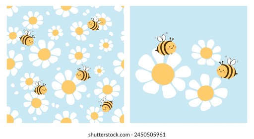 Seamless pattern with daisy flower, flying petals and bee cartoons on blue background. Chamomile flower and bee icon.