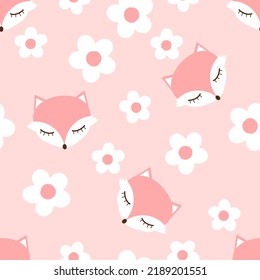 Seamless pattern with daisy flower and fox cartoons on pink background vector illustration. Cute childish print.