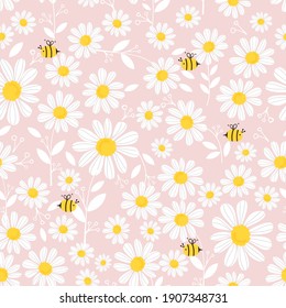 Seamless pattern with daisy flower garden and flying bees on pink background vector illustration.
