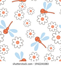 Seamless pattern with daisy flower garden and dragonfly cartoons on white background vector illustration. Cute childish print. Flat design.