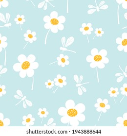 Seamless pattern with daisy flower garden and dragonflies on blue background vector illustration.