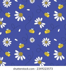 Patrón sin brillo con jardín de flores de margarita y abejas voladoras sobre ilustración vectorial de fondo azul.