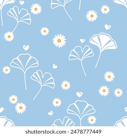 Seamless pattern with daisy flower and gingko leaves on blue background vector.