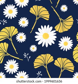 Seamless pattern with daisy flower and ginkgo leaves on blue background vector illustration.