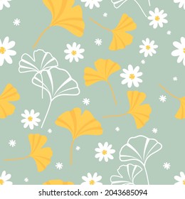 Seamless pattern with daisy flower and Ginkgo leaves on green background vector illustration.