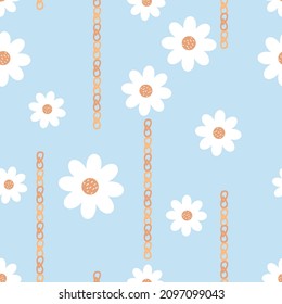 Seamless pattern with daisy flower and gold chain on blue background vector illustration.