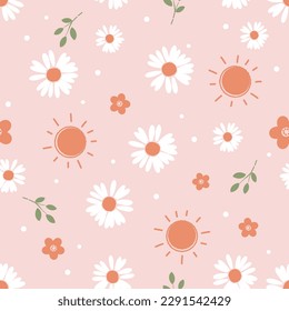 Seamless pattern with daisy flower, green leaves and sun on pink background vector illustration.