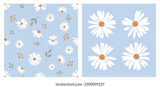 Seamless pattern with daisy flower, green leaves on blue background. Daisy icon set vector illustration.