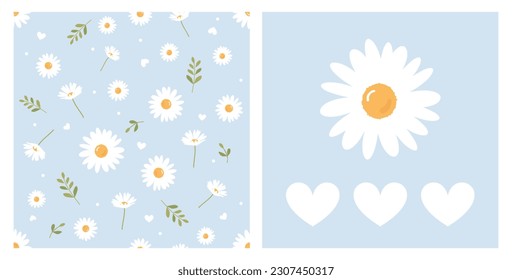 Seamless pattern with daisy flower, green branches, white heart and dot on blue background. Daisy icon sign and heart on blue background vector illustration. 