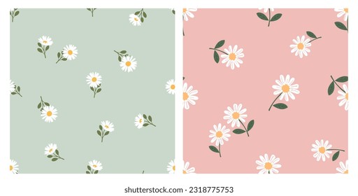 Seamless pattern with daisy flower with green leaves on green and pink backgrounds vector illustration. Cute floral print.