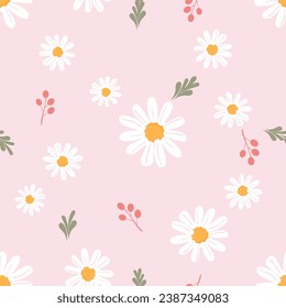 Seamless pattern with daisy flower, green branch and red berry on pink background vector illustration. 