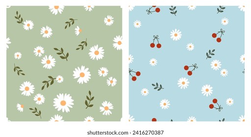 Seamless pattern with daisy flower, green branch and cherry fruit on green and blue backgrounds vector illustration.