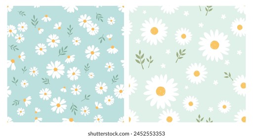 Seamless pattern with daisy flower and green leaves on green backgrounds vector. Cute floral print.