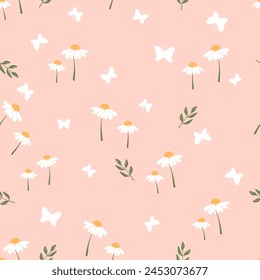 Seamless pattern with daisy flower, green leaves and butterfly cartoons on pink background vector.