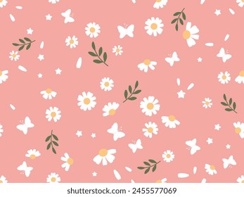 Seamless pattern with daisy flower, green branch and butterfly cartoons on pink background vector.