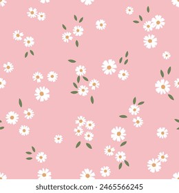 Seamless pattern with daisy flower and green leaves on pink background vector.