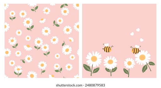 Seamless pattern of daisy flower with green leaves on pink background. Set of daisy and bee cartoons vector. 