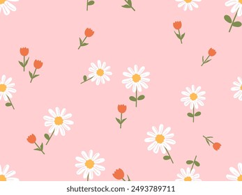 Seamless pattern of daisy flower with green leaves and red tulip flower on pink background vector. Cute floral print.