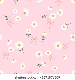 Seamless pattern with daisy flower, green branch and ribbon bows on pink background vector.