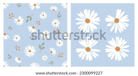 Seamless pattern with daisy flower, green leaves on blue background. Daisy icon set vector illustration.